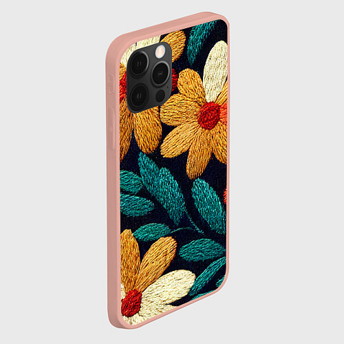 Чехол iPhone 12 Pro Max Цветы в стиле вышивки / 3D-Светло-розовый – фото 2