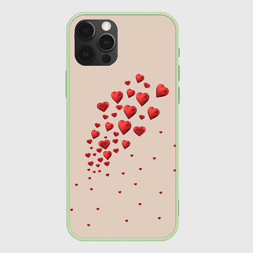Чехол iPhone 12 Pro Max Поляна из рассыпанных алых сердечек / 3D-Салатовый – фото 1