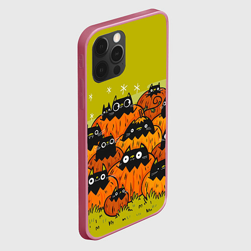 Чехол iPhone 12 Pro Max Хэллоуин - коты в тыквах / 3D-Малиновый – фото 2