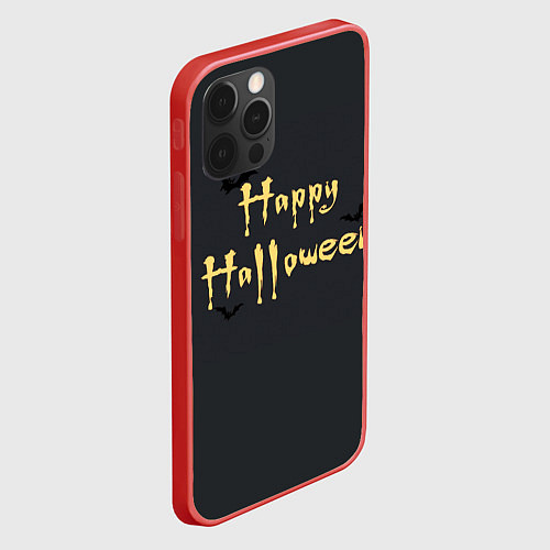 Чехол iPhone 12 Pro Max Happy Halloween надпись с летучими мышами / 3D-Красный – фото 2