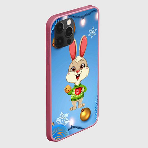 Чехол iPhone 12 Pro Max Новогодний зайчик с кофе / 3D-Малиновый – фото 2