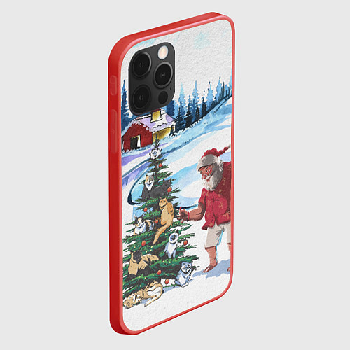 Чехол iPhone 12 Pro Max Санта Клаус и ёлка с котами / 3D-Красный – фото 2