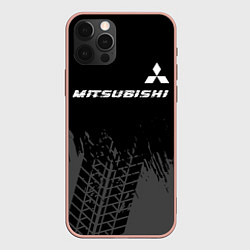 Чехол для iPhone 12 Pro Max Mitsubishi speed на темном фоне со следами шин: си, цвет: 3D-светло-розовый