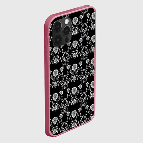 Чехол iPhone 12 Pro Max Черно-белый цветочный полосатый ретро узор / 3D-Малиновый – фото 2