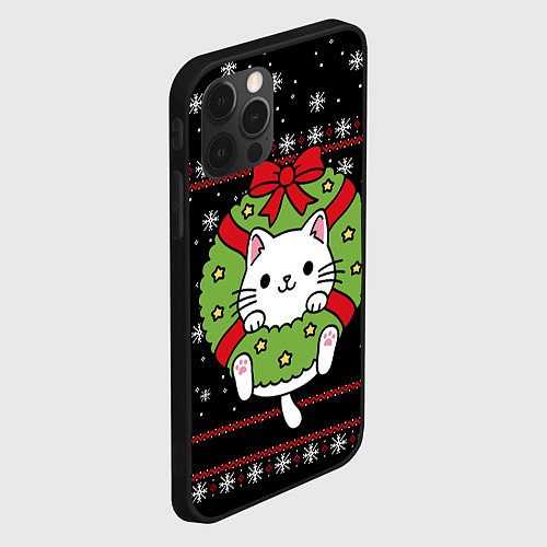 Чехол iPhone 12 Pro Max Рождественский венок с котиком / 3D-Черный – фото 2