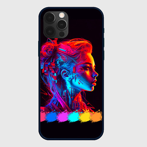 Чехол iPhone 12 Pro Max Нейросеть - девушка киборг в неоновом свечении / 3D-Черный – фото 1