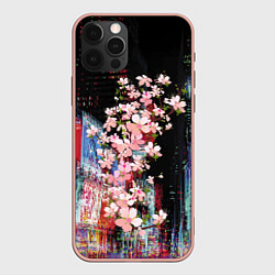 Чехол iPhone 12 Pro Max Ветка сакуры на фоне ночного Токио - glitch