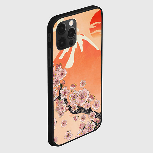 Чехол iPhone 12 Pro Max Ветка цветущей сакуры и вулкан / 3D-Черный – фото 2