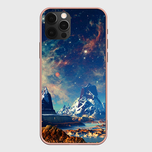 Чехол iPhone 12 Pro Max Горы и бескрайний космос / 3D-Светло-розовый – фото 1