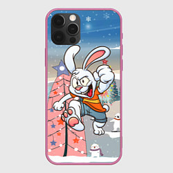 Чехол для iPhone 12 Pro Max Веселый заяц на фоне елки, цвет: 3D-малиновый