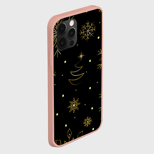 Чехол iPhone 12 Pro Max Золотые снежинки на темном фоне / 3D-Светло-розовый – фото 2