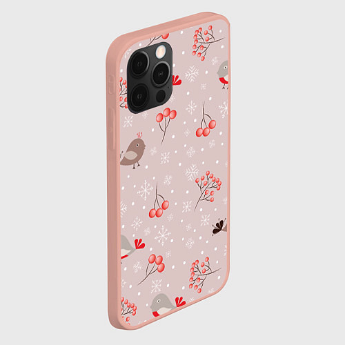 Чехол iPhone 12 Pro Max Птицы снегири и зимние ягоды / 3D-Светло-розовый – фото 2
