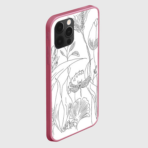 Чехол iPhone 12 Pro Max Растения и насекомые тонкой линией / 3D-Малиновый – фото 2