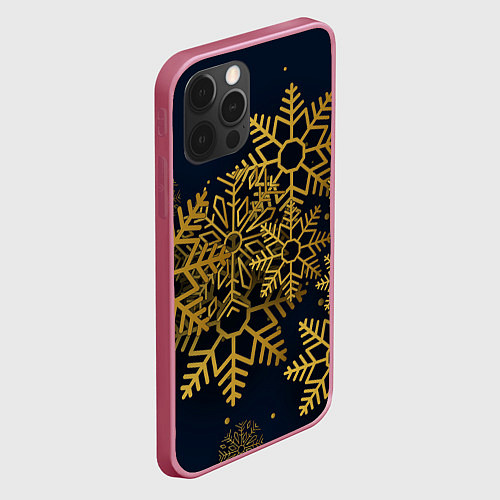 Чехол iPhone 12 Pro Max Золотые снежинки / 3D-Малиновый – фото 2