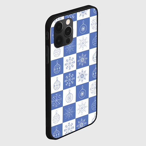 Чехол iPhone 12 Pro Max Сине-белые квадраты со снежинками / 3D-Черный – фото 2