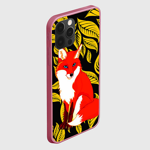 Чехол iPhone 12 Pro Max Лиса на фоне жёлтых листьев / 3D-Малиновый – фото 2