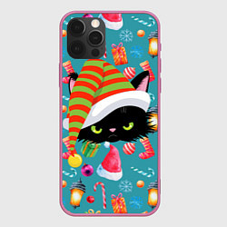 Чехол для iPhone 12 Pro Max Новогодний котик, цвет: 3D-малиновый