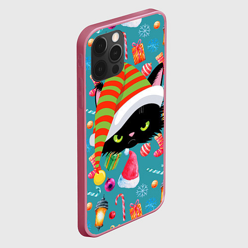 Чехол iPhone 12 Pro Max Новогодний котик / 3D-Малиновый – фото 2