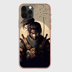 Чехол для iPhone 12 Pro Max Самурай на фоне птиц, цвет: 3D-светло-розовый