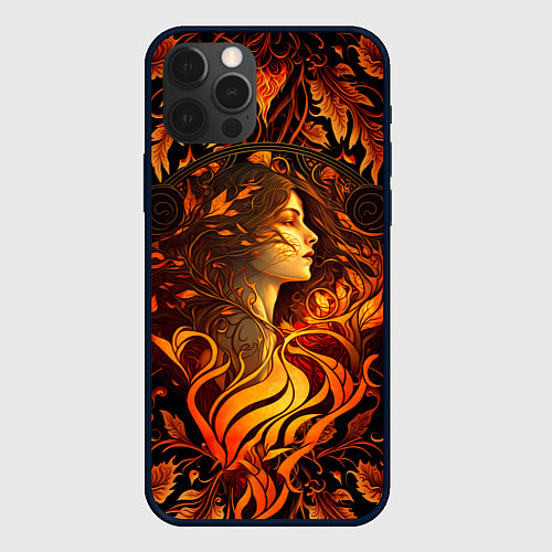 Чехол iPhone 12 Pro Max Девушка в стиле ар-нуво с огнем и осенними листьям / 3D-Черный – фото 1