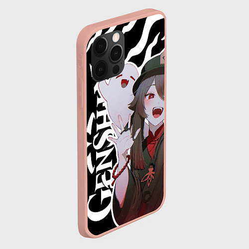 Чехол iPhone 12 Pro Max Hu Tao - белые языки пламени / 3D-Светло-розовый – фото 2