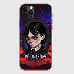 Чехол для iPhone 12 Pro Max Уэнсдэй в винтажной раме на фоне заката, цвет: 3D-малиновый