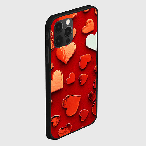 Чехол iPhone 12 Pro Max Красные сердца на красном фоне / 3D-Черный – фото 2
