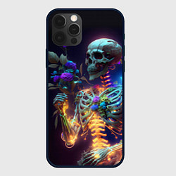 Чехол для iPhone 12 Pro Max Светящийся скелет с цветами, цвет: 3D-черный