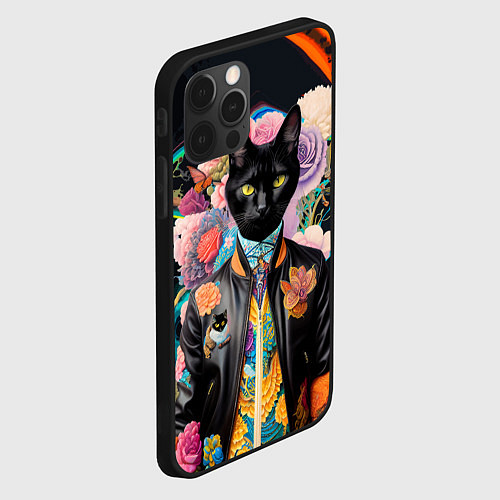 Чехол iPhone 12 Pro Max Модный чёрный кот - нейросеть - мода / 3D-Черный – фото 2