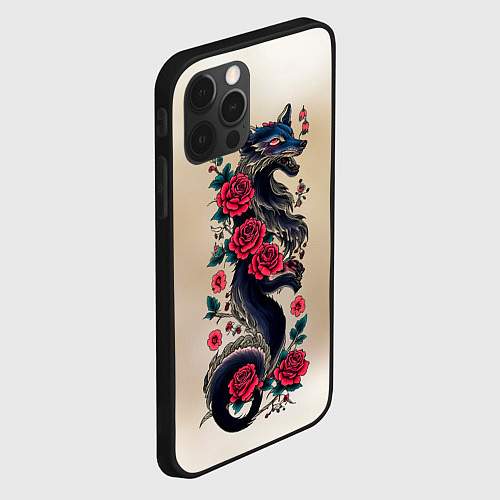 Чехол iPhone 12 Pro Max Irezumi - татуировка лиса в розах / 3D-Черный – фото 2