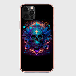 Чехол для iPhone 12 Pro Max Мексиканский неоновый череп с крестом, цвет: 3D-светло-розовый