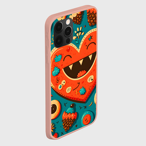 Чехол iPhone 12 Pro Max Веселое сердце с зубами / 3D-Светло-розовый – фото 2