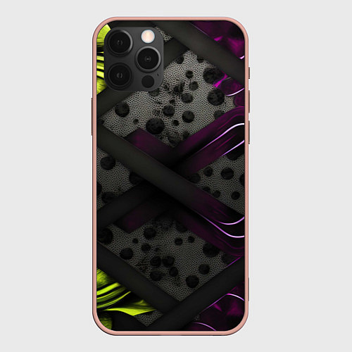 Чехол iPhone 12 Pro Max Темная фиолетовая текстура с листьями / 3D-Светло-розовый – фото 1