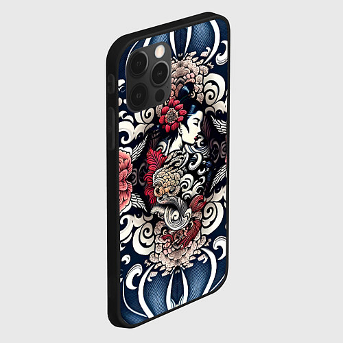 Чехол iPhone 12 Pro Max Irezumi style: девушка и синие узоры / 3D-Черный – фото 2