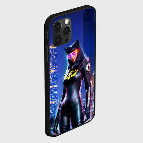 Чехол iPhone 12 Pro Max Cat girl on the background of a megalopolis / 3D-Черный – фото 2