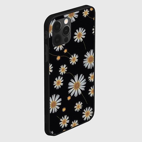Чехол iPhone 12 Pro Max Белые ромашки на черном фоне / 3D-Черный – фото 2