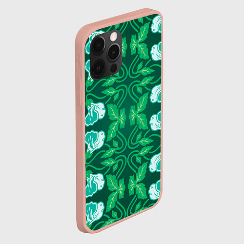 Чехол iPhone 12 Pro Max Зелёный цветочный паттерн / 3D-Светло-розовый – фото 2