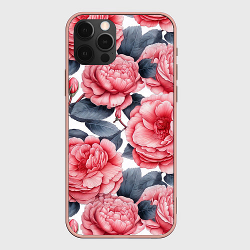 Чехол iPhone 12 Pro Max Цветы и бутоны розы - паттерн / 3D-Светло-розовый – фото 1