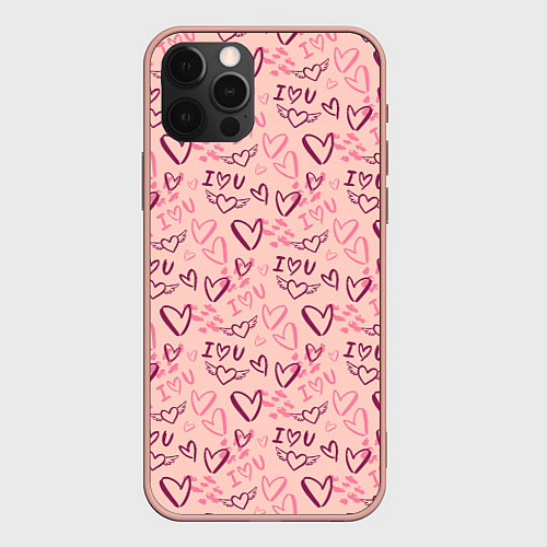 Чехол iPhone 12 Pro Max I love you паттерн / 3D-Светло-розовый – фото 1