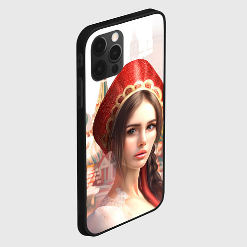 Чехол iPhone 12 Pro Max Девушка в кокошнике с косой - кремль / 3D-Черный – фото 2