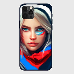 Чехол для iPhone 12 Pro Max Девушка с голубыми глазами в флаге, цвет: 3D-черный