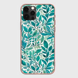 Чехол для iPhone 12 Pro Max Нежные акварельные листья, голубые и зеленые, цвет: 3D-светло-розовый