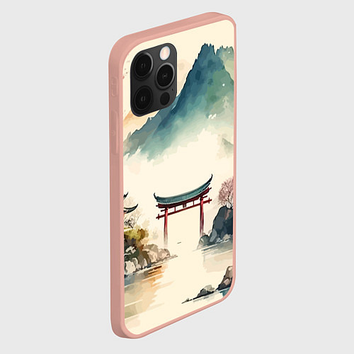 Чехол iPhone 12 Pro Max Японский пейзаж - акварель / 3D-Светло-розовый – фото 2