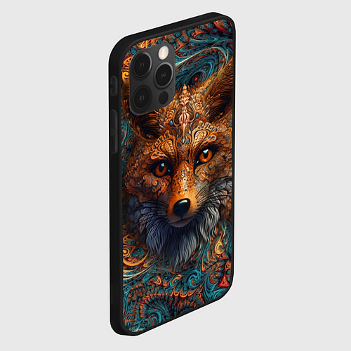 Чехол iPhone 12 Pro Max Морда лисы на фрактальных узорах / 3D-Черный – фото 2
