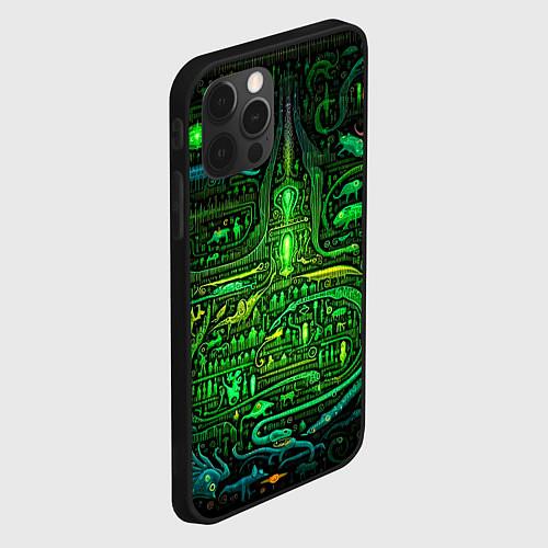 Чехол iPhone 12 Pro Max Психоделика в зеленом - нейронная сеть / 3D-Черный – фото 2