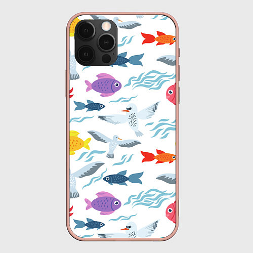 Чехол iPhone 12 Pro Max Рыбы и чайки / 3D-Светло-розовый – фото 1