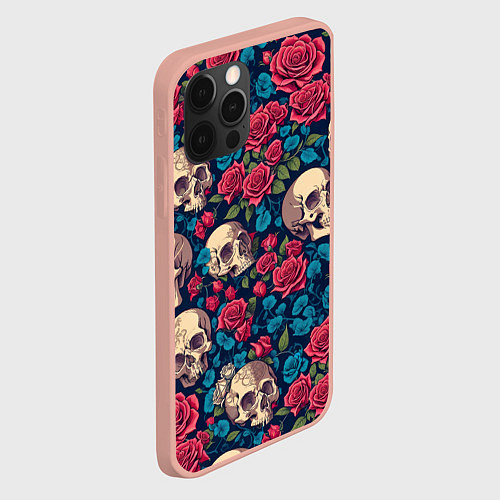Чехол iPhone 12 Pro Max Черепа и красные розы / 3D-Светло-розовый – фото 2