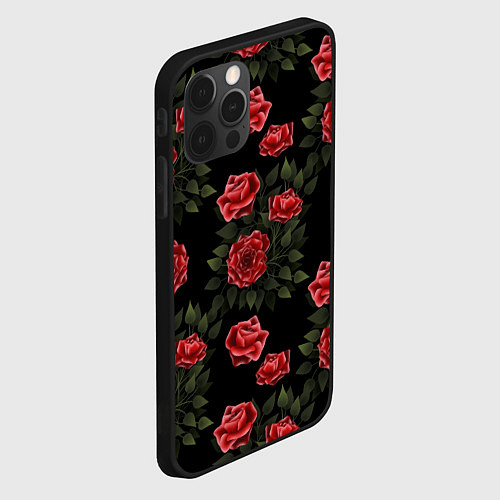 Чехол iPhone 12 Pro Max Красные розы на черном - паттерн / 3D-Черный – фото 2