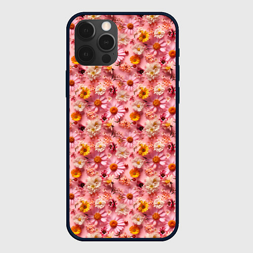 Чехол iPhone 12 Pro Max Желтые белые и розовые цветы / 3D-Черный – фото 1
