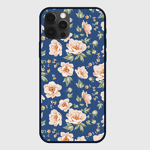 Чехол iPhone 12 Pro Max Розовые пионы на синем фоне / 3D-Черный – фото 1